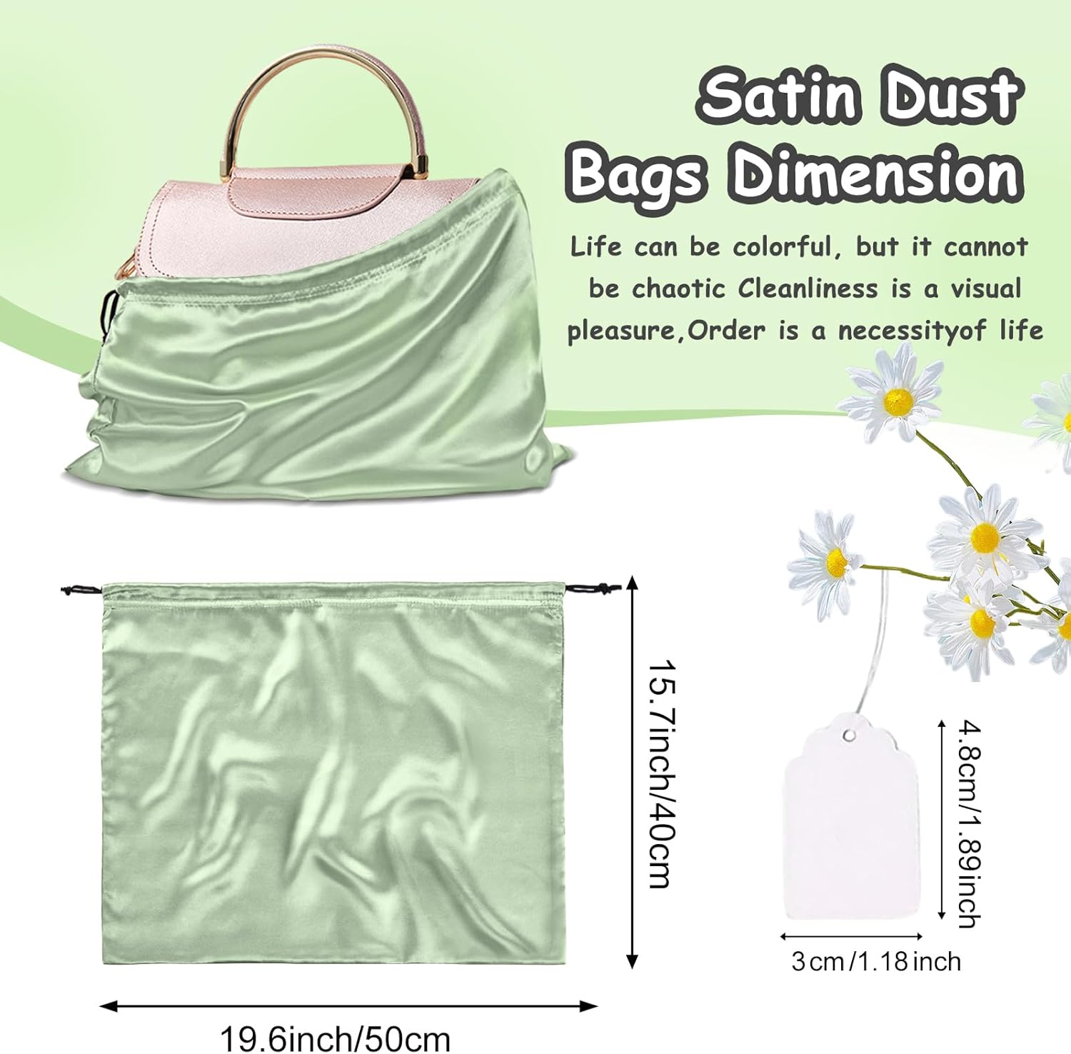 RUDONG M 8 Pack Satin Dust Bags for Handbag, Silky Dust Cover Bags with Drawstring, Sage Green Purse Dustbags for Storage, Travel Pouch Clothes Shoes - Image 4