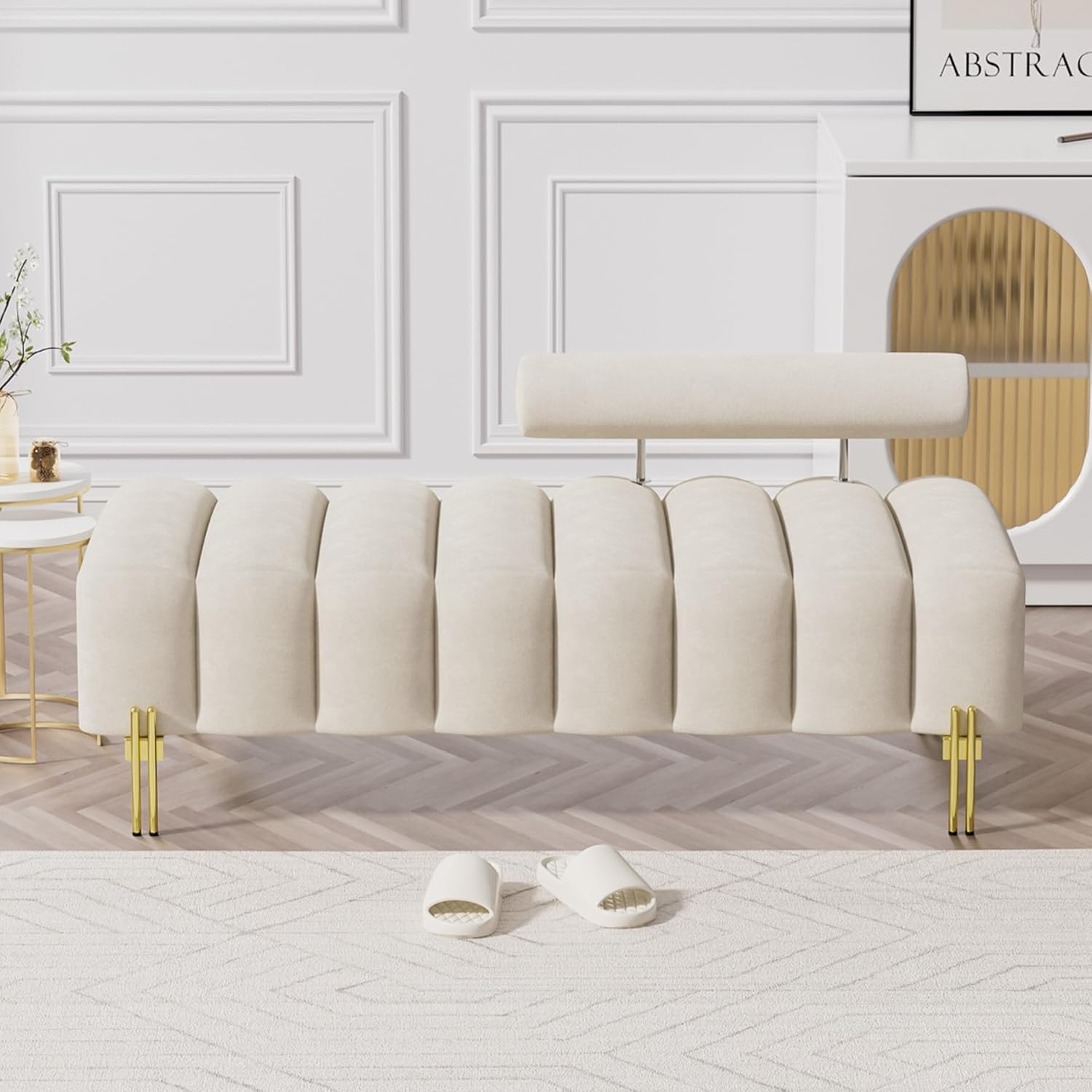 Small Loveseat Sofa Couch, 52.2" Modern Velvet Mini Sofa for Bedroom Golden Legs, Channel Tufted Window Bench with Adjustable Back for Living Room Apartment Compact Space, Beige White