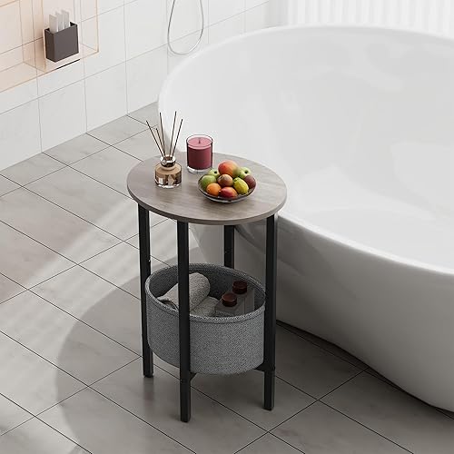 Miniatura 6 de Vagusicc Mesa auxiliar redonda con cesta de almacenamiento, mesita de noche redonda pequeña para espacios pequeños, mesa auxiliar ovalada alta con