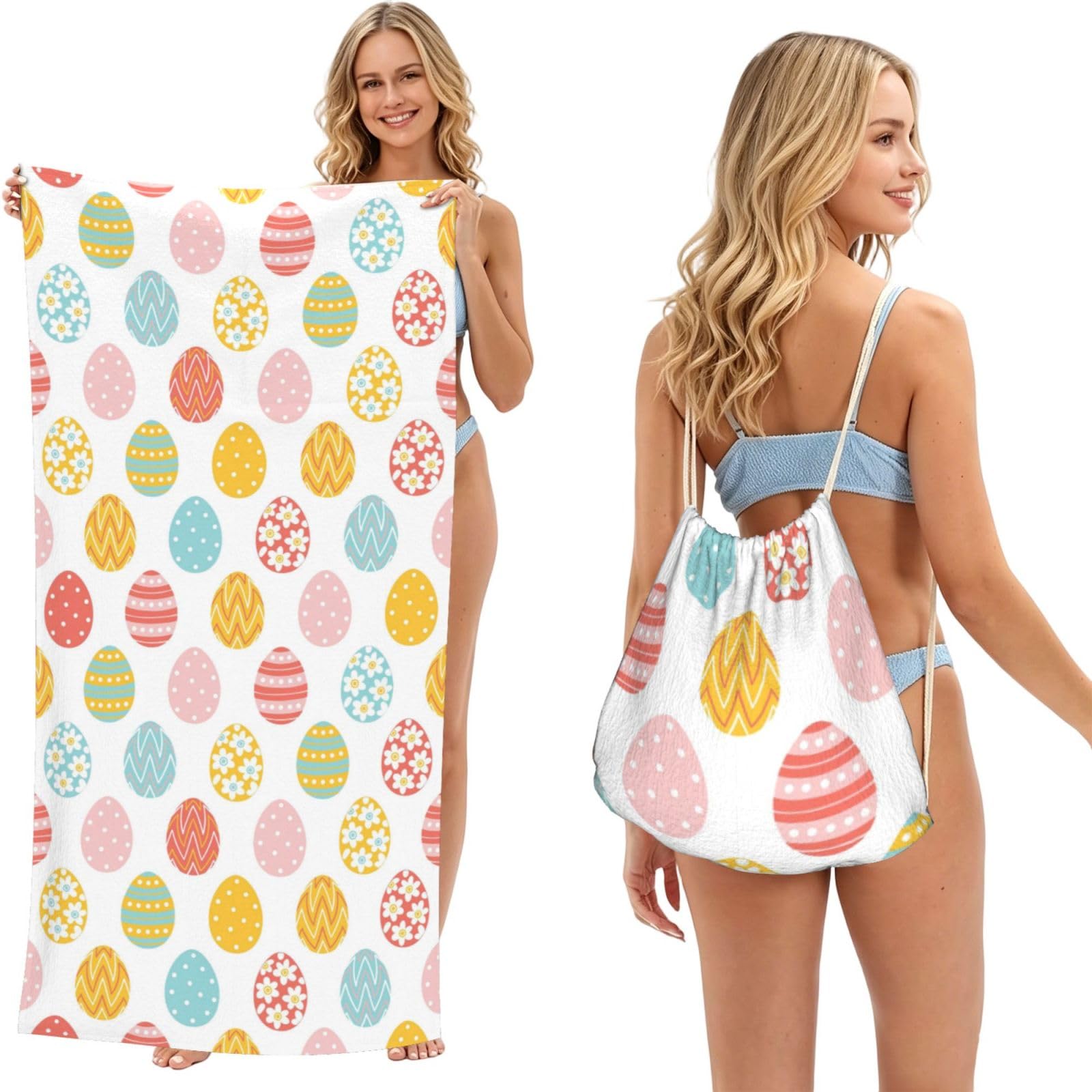 Poadnly As Picture Happy Easter Colorful Easter Eggs, 2 In 1 Packable Towel Bag, Beach Towels With Drawstring Backpack For Travel Holiday Camping