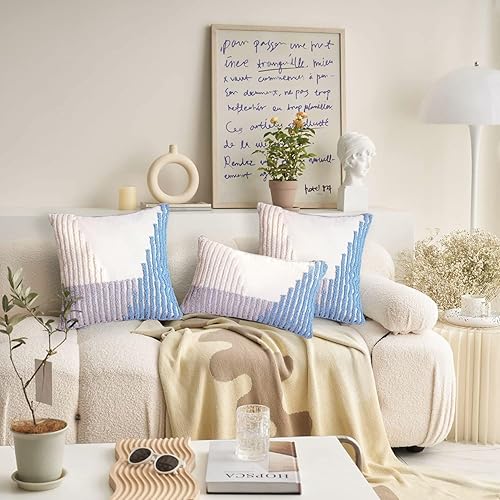 Miniatura 5 de Fundas de almohada decorativas de estilo bohemio azul de 18 x 18 pulgadas, fundas de almohada modernas a rayas copetudas, fundas de almohada