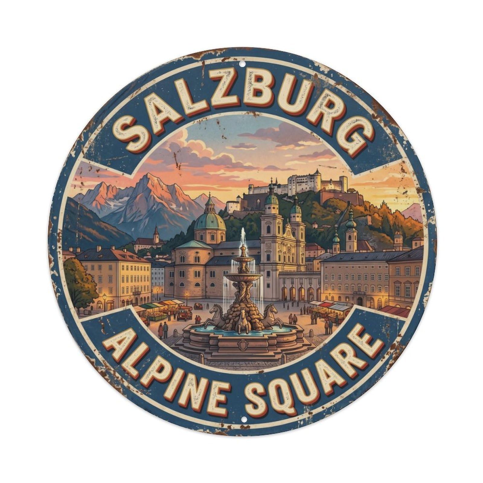 Vintage Travel Salzburg Austria Square Metal Tin Sign Plaque Wall Decor for Cafe, Club, Garden Round Metal Poster 8x8Inch