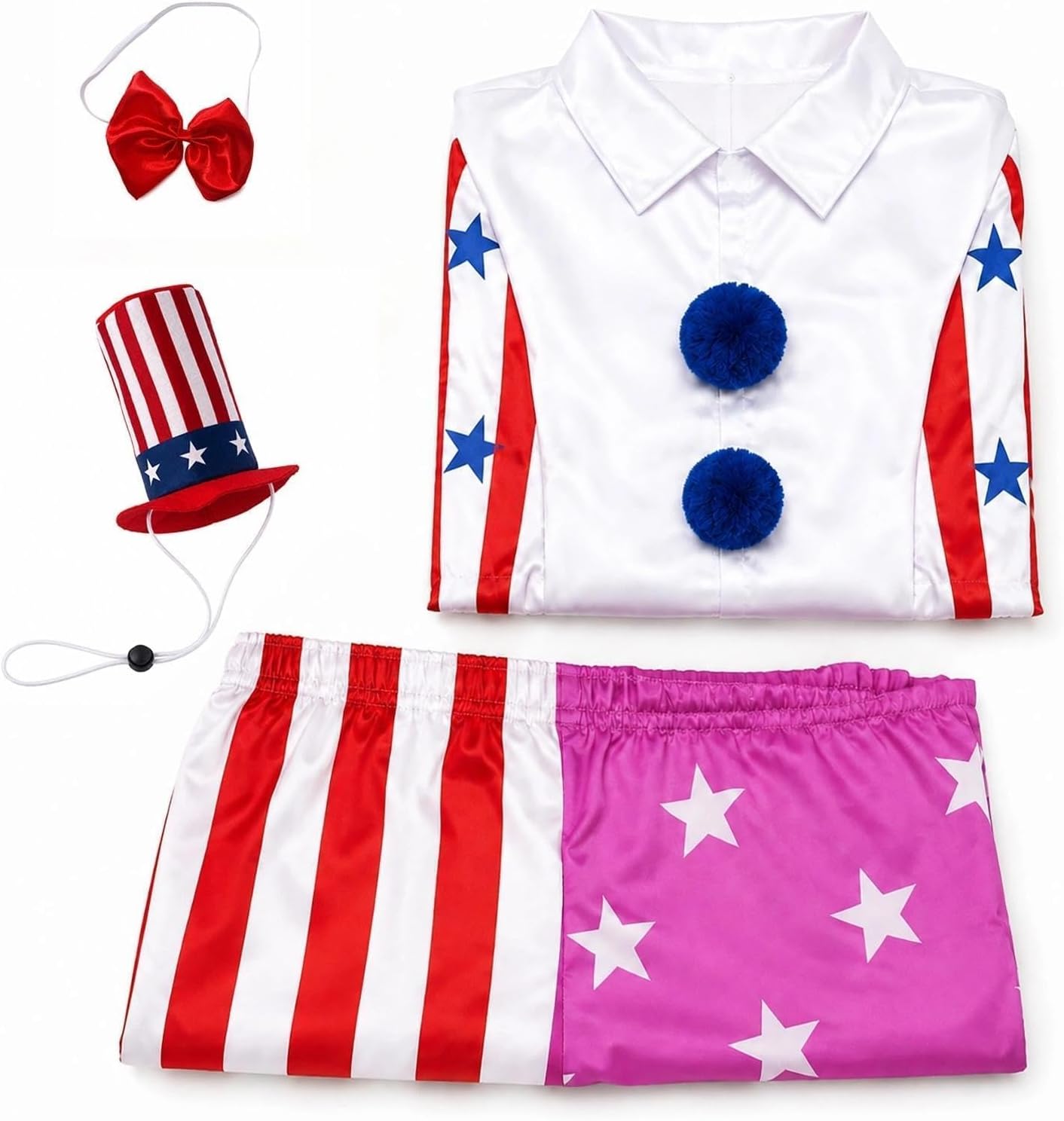 Adult Clown Costume Set for Men, 4 Piece Halloween Circus Outfit with Hat, Bow Tie, Horror Clown Costum