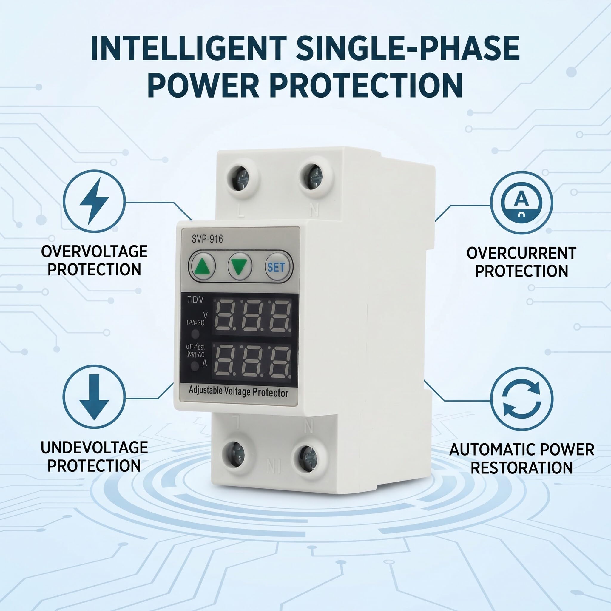 Protector de Voltaje Monofásico Inteligente Ajustable 230V 63A Sobrevoltaje Bajo Voltaje para Electrodomésticos con Protección de Corriente