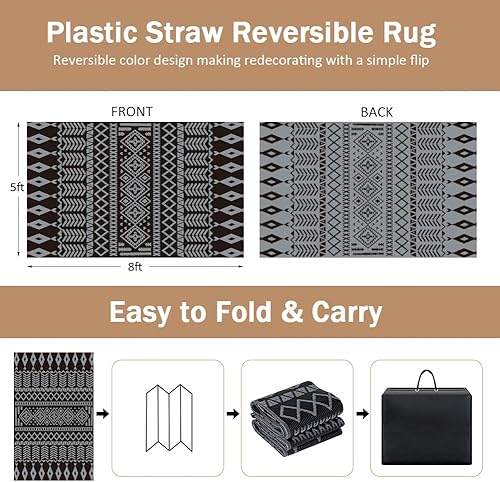 Miniatura 45 de Alfombras reversibles - Alfombra de paja de plástico, alfombra para exteriores, alfombra de área moderna, alfombra grande para exteriores, RV, Negro