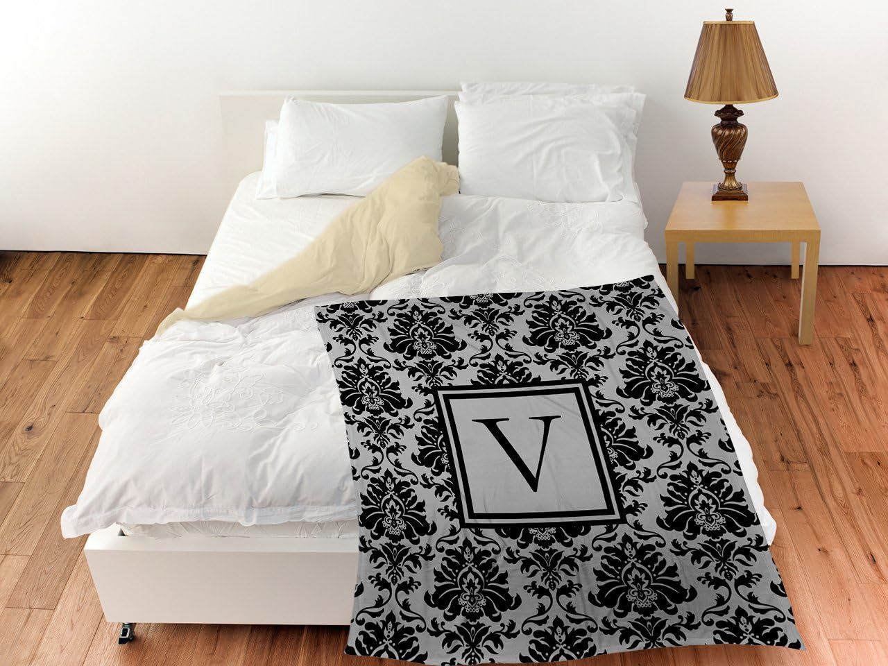 Manual Woodworkers & Weavers Coral Fleece Throw, 60 by 80-Inch, Monogrammed Letter V, Black and Grey Damask