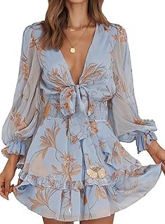 Womens Casual Spring Fall 2025 Deep V Neck Knotted Tiered Chiffon Elegant Mini Short Swing Skater Dresses