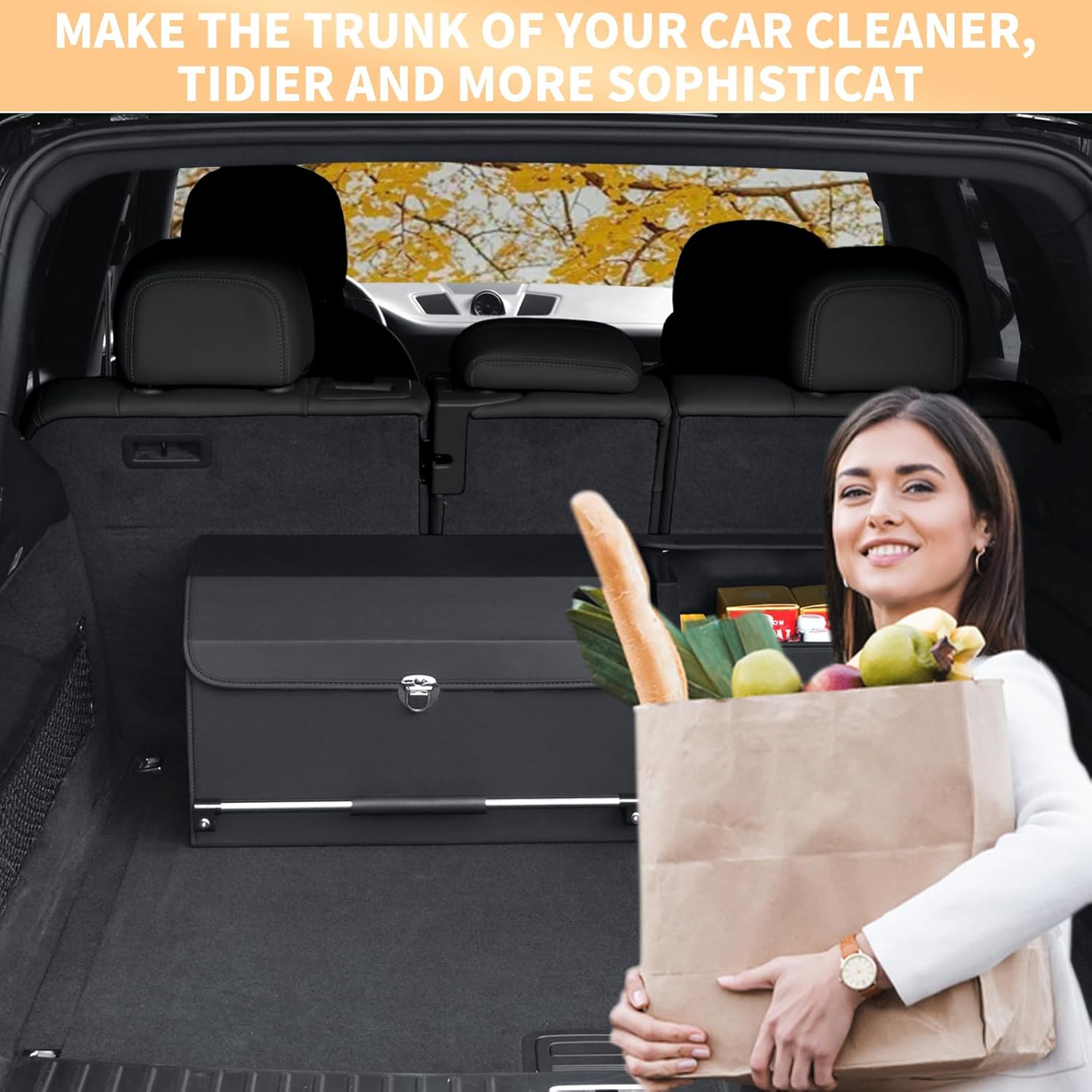 Car Trunk Organizer, Leather Trunk Organizer for SUV with Lid and Sturdy Handle Collapsible Adjustable Storage (Black, 33 x 11.4 x 12.2in)