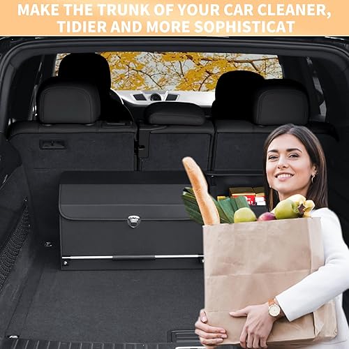 Miniatura 8 de Organizador de maletero de automóvil, organizador de maletero de cuero para SUV con tapa y asa resistente, almacenamiento plegable y ajustable