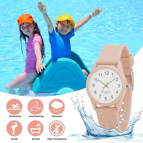 Vista 2 de TENOCK Relojes analógicos para niños y niñas, relojes con banda suave, tiempo de aprendizaje 50M, impermeable, fácil de leer para edades de 3 a 10