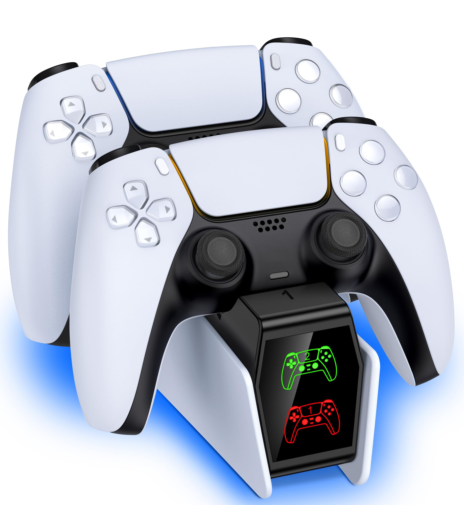 GAMSINGY Stacja ładująca do konsoli PS5, kontroler z 2 godzinami szybkiego ładowania, efekt świetlny RGB, wskaźnik ładowania LED do kontrolera Playstation 5, stacja ładująca PS5, akcesoria do