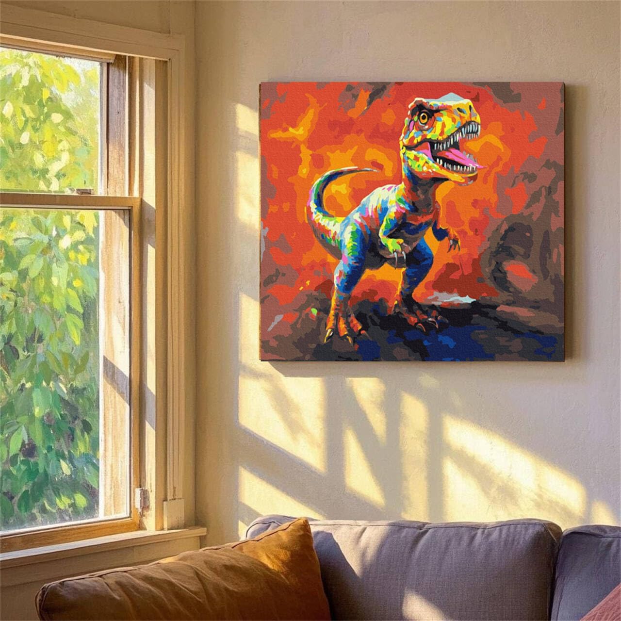 KOMI Paint by Numbers Kit for Adults with Frame, Kids Paint by Number Kits on Framed Canvas Kids Painting by Number Kit for DIY Home Decor Painting, Fighting Dinosaurs 12x16inch