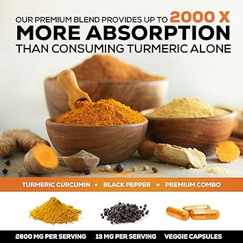 Turmeric Curcumin Supplement - 2400mg Organic Turmeric Per Serving - 95% Curcuminoids & BioPerine Black Pepper Extract for Best Absorption - Natural Vegan Joint Support - Bottled in USA - 60 Capsules