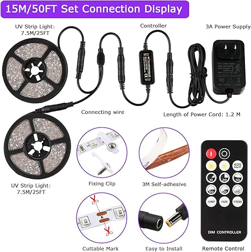 Miniatura 6 de PIZHLO Juego de tiras de luz LED de color negro de 50 pies49.2ft con control remoto, 900 LED, 12 V autoadhesivo, regulable, para fiestas de baile,