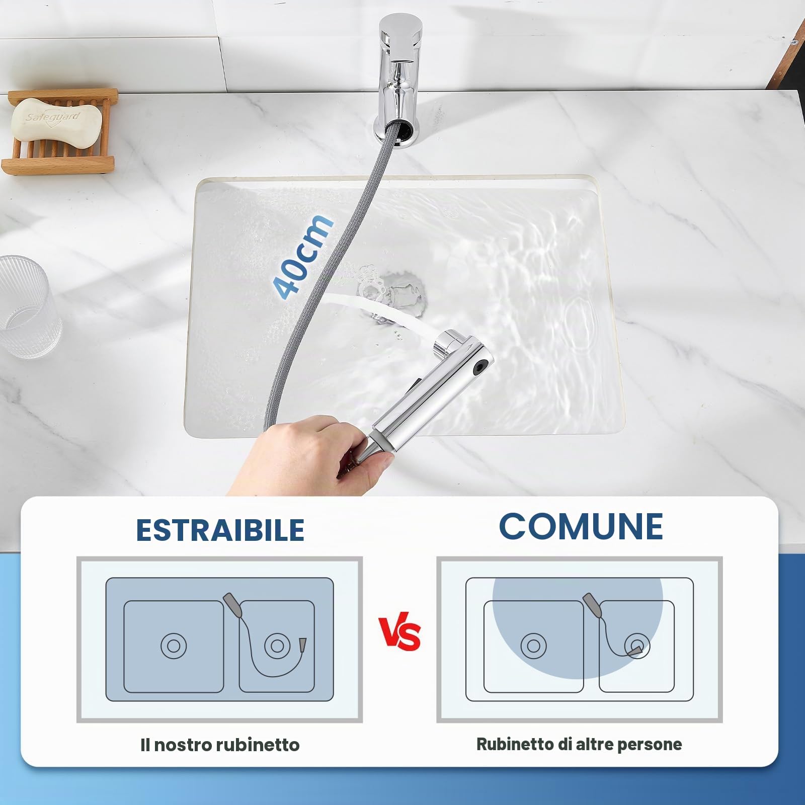 Rubinetto da bagno con 3 tipi di getto, rubinetto estraibile per lavabo con scarico, miscelatore monocomando per bagno, cromato