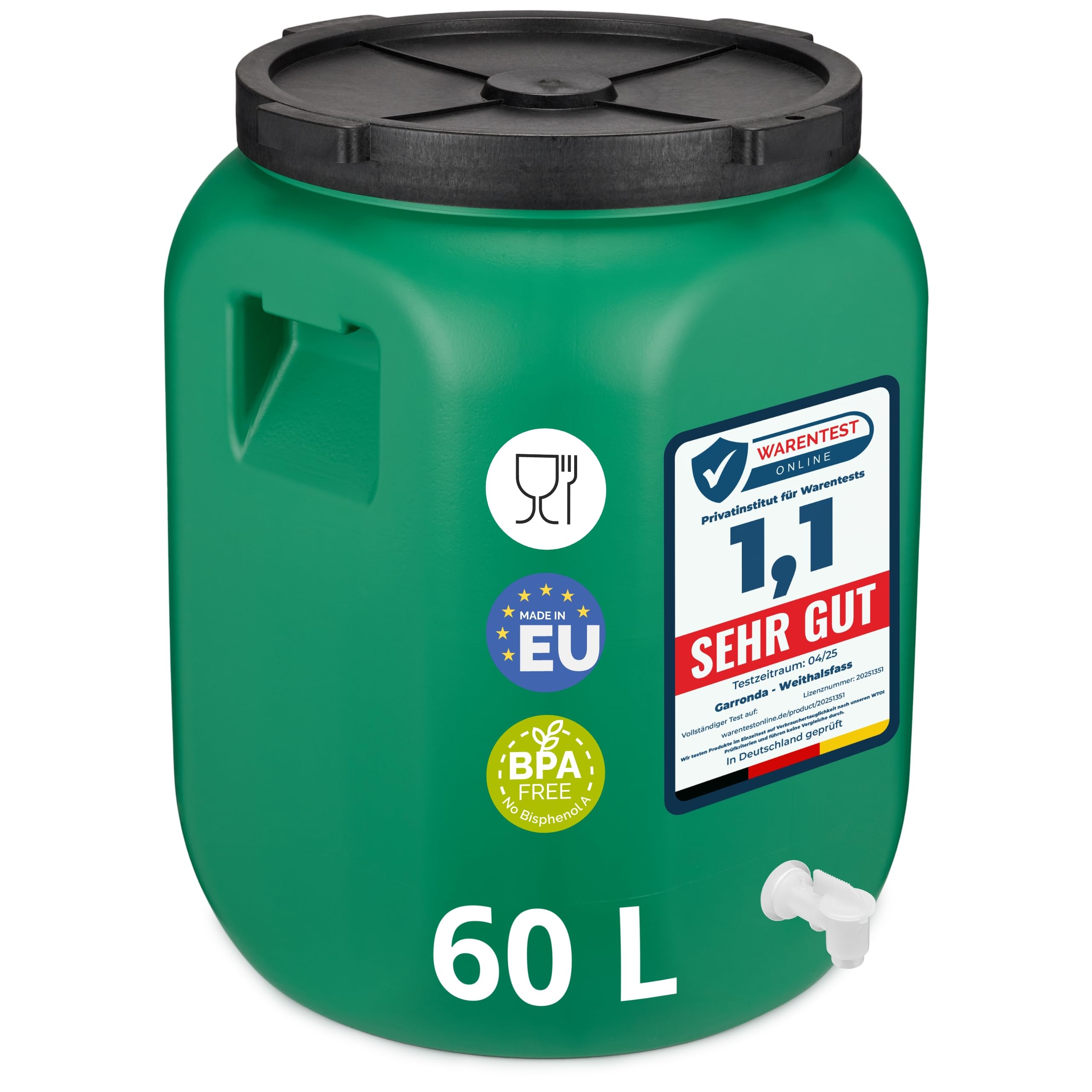 Garronda 60L Fût Plastique Alimentaire avec Robinet – Récupérateur d'Eau Sans BPA pour Eau, Fermentation, Croquettes, Choucroute GD-0142