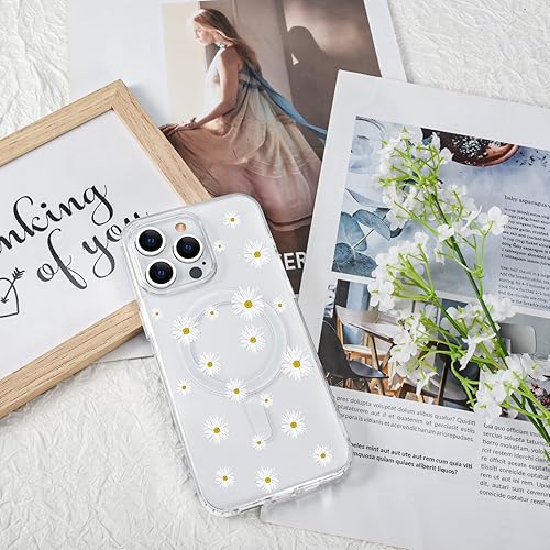 Miniatura 7 de Funda magnética transparente con diseño de flores para iPhone 15 Pro compatible con MagSafe, patrón floral transparente a prueba de golpes, parte