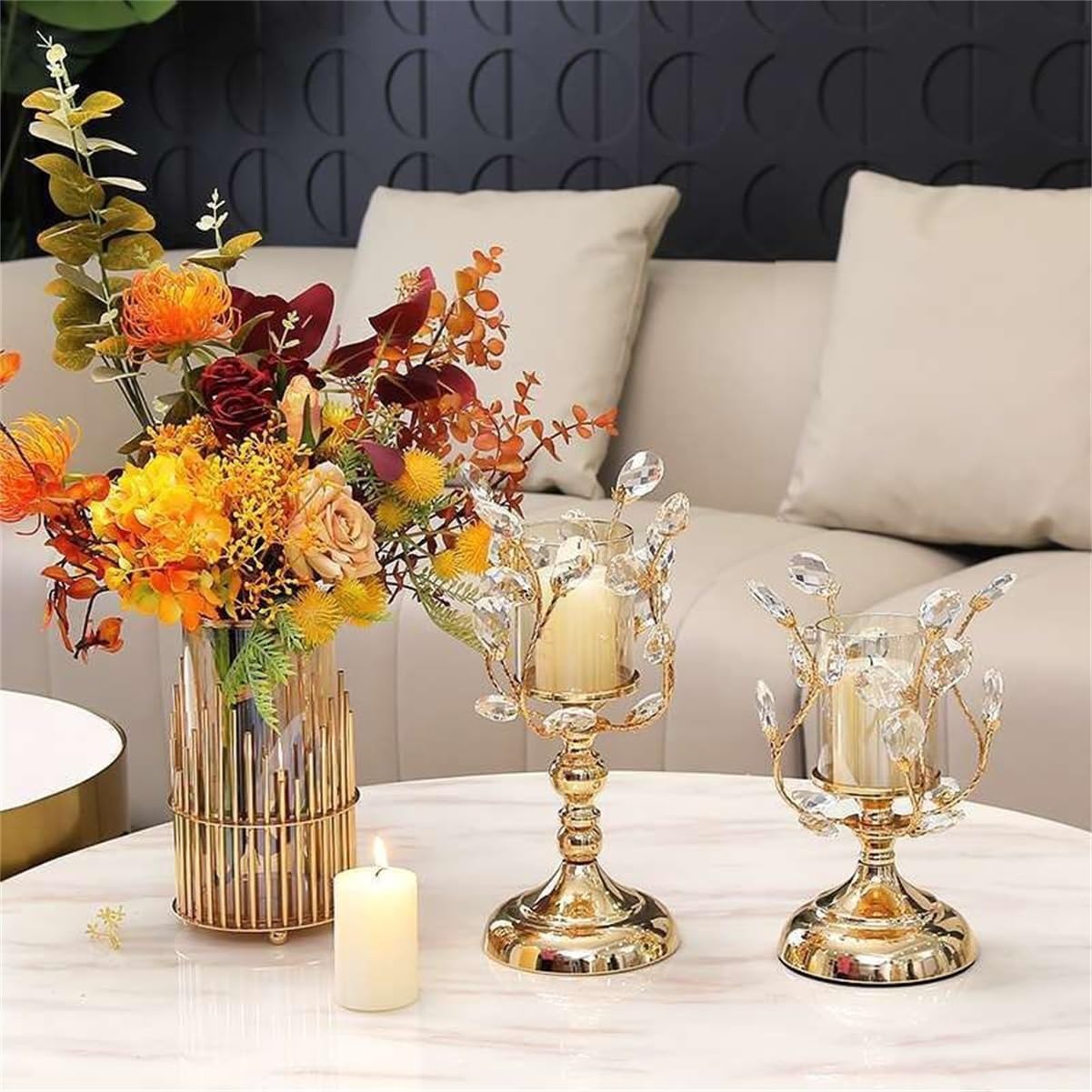 Candlesticks with Glass Hurricane Shade, European Style Luxury Crystal Metal Candle Holders for Home Decor, Wedding, Party(12x34cm)