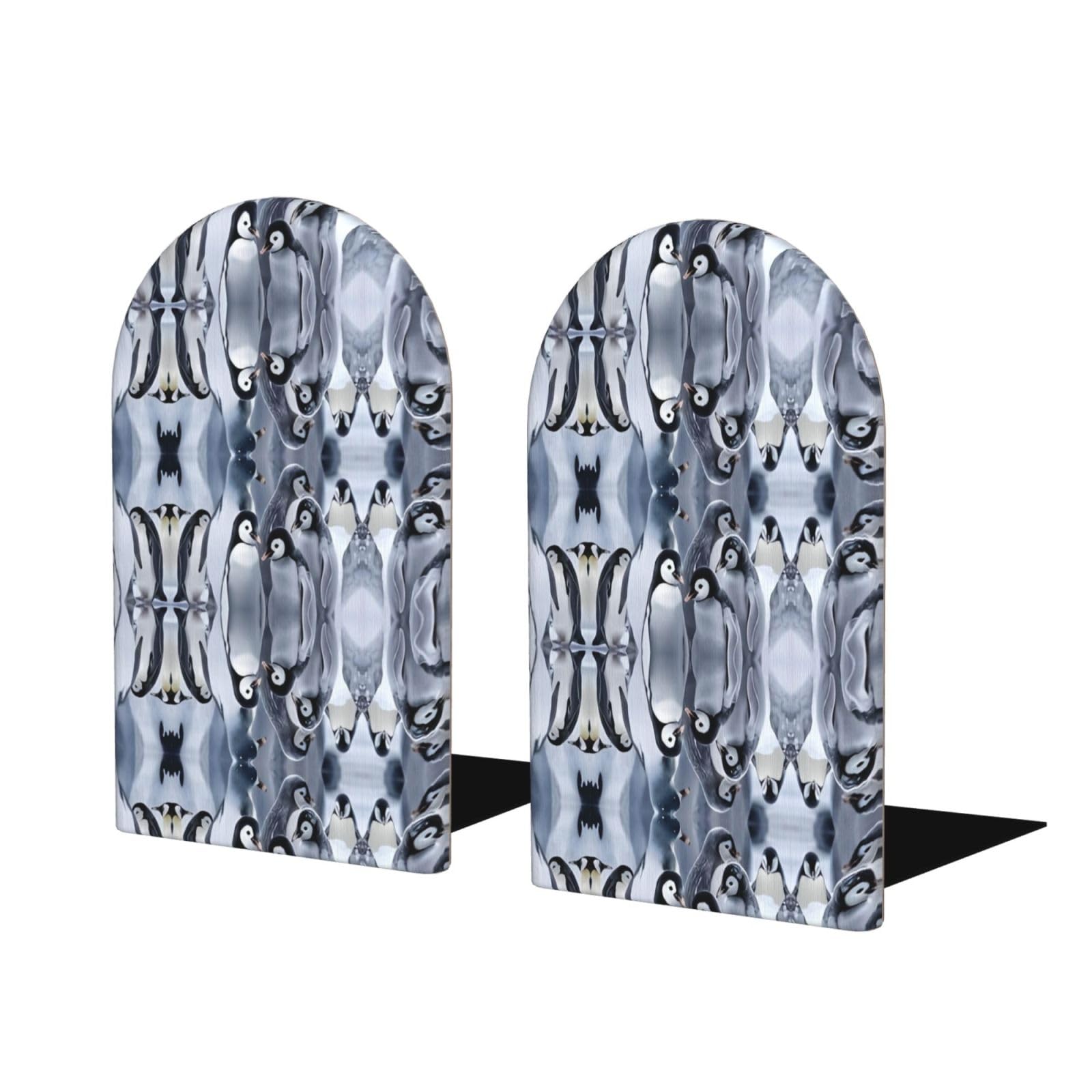 Cute Penguin Stylish Bookends with Full-Print Design Durable Wooden and Metal Bookend Set for Home, Office