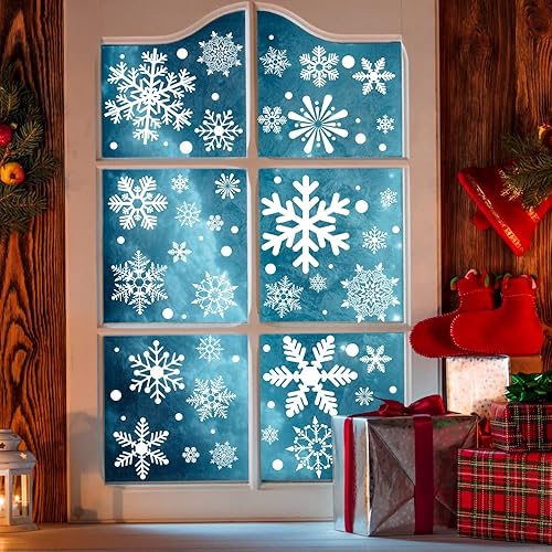 Miniatura 5 de YUJUN 9 hojas de calcomanías de ventana de copos de nieve de invierno, copos de nieve de Navidad, calcomanías para ventana de vidrio de Navidad,