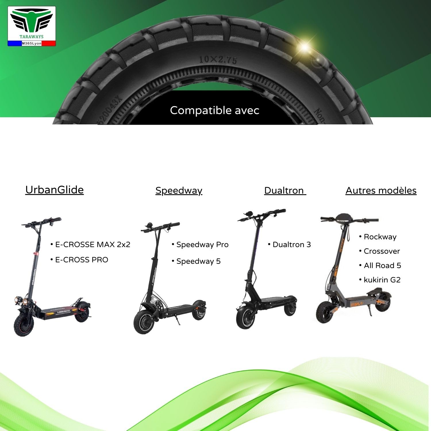 Pneu Plein Anti-Crevaison 10x2.75 (10x2.7-6.5) Pouces pour Trottinettes Electrique UrbanGlide E-CROSS PRO All Road 5, E-CROSSE MAX, E-CROSS PRO kukirin G2 (1xTire)