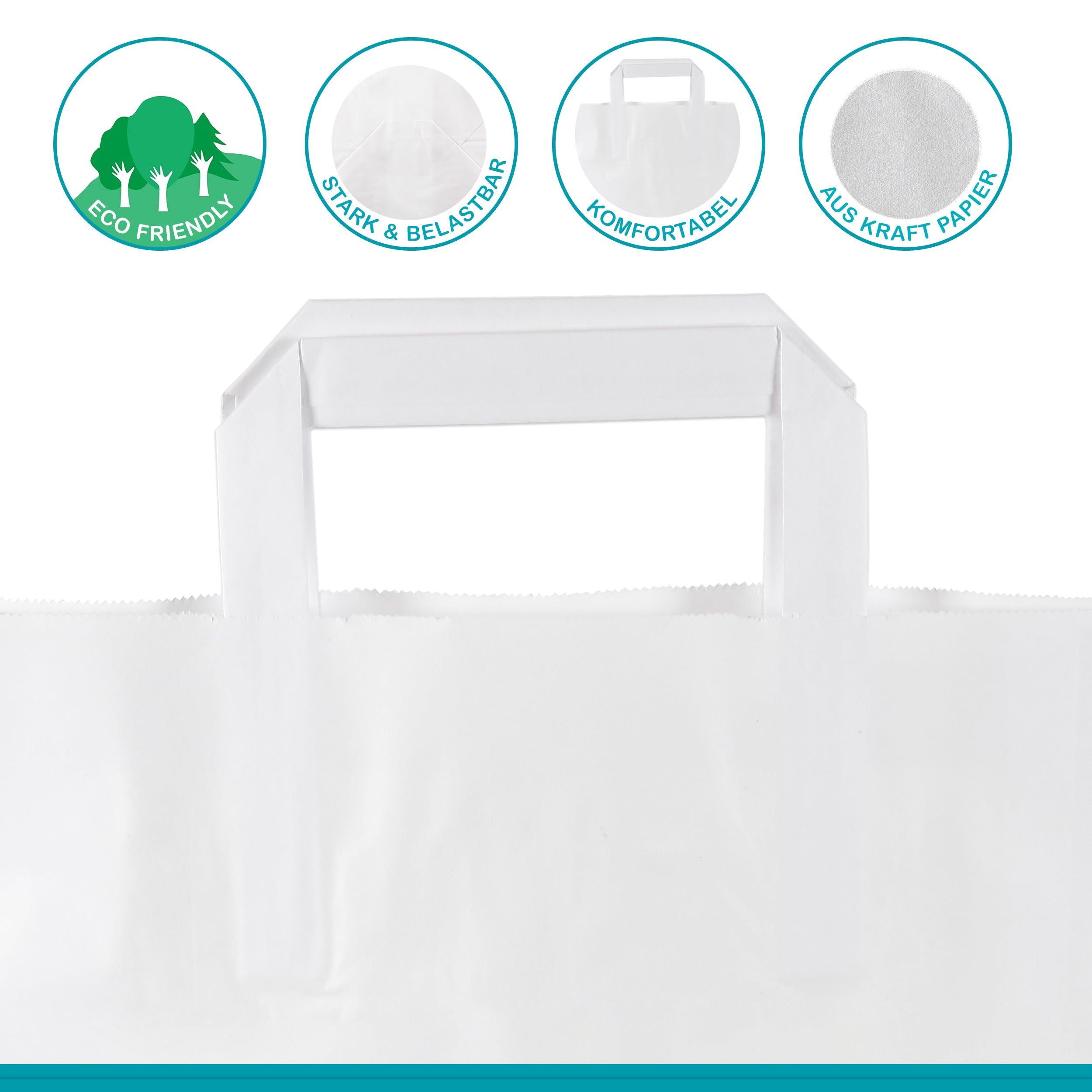 Torby papierowe, 250 sztuk, torebki na prezenty, torebki z papieru typu kraft, z uchwytami, 26 + 17 x 25 cm - 250 sztuk, białe)