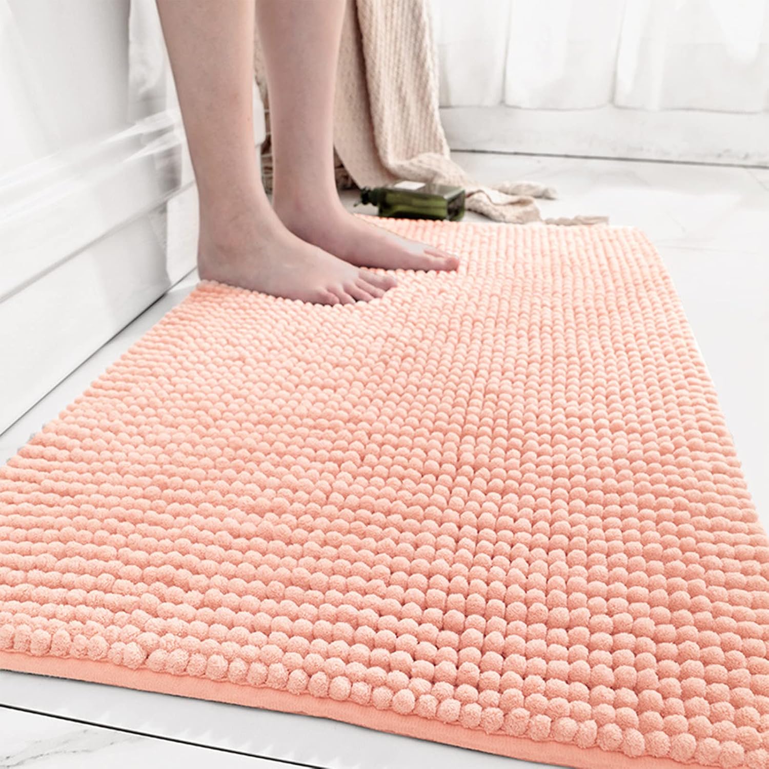 Bathroom Rug Mat,Luxury Chenille Super Soft Absorbent Rug,16"x24" Non-Slip Quick Dry Microfiber Mats,Machine Washable Rubber Backing Bath Mat,Bath Rug Mats for Floor,Tub and Rain Showers (Coral) - Image 2