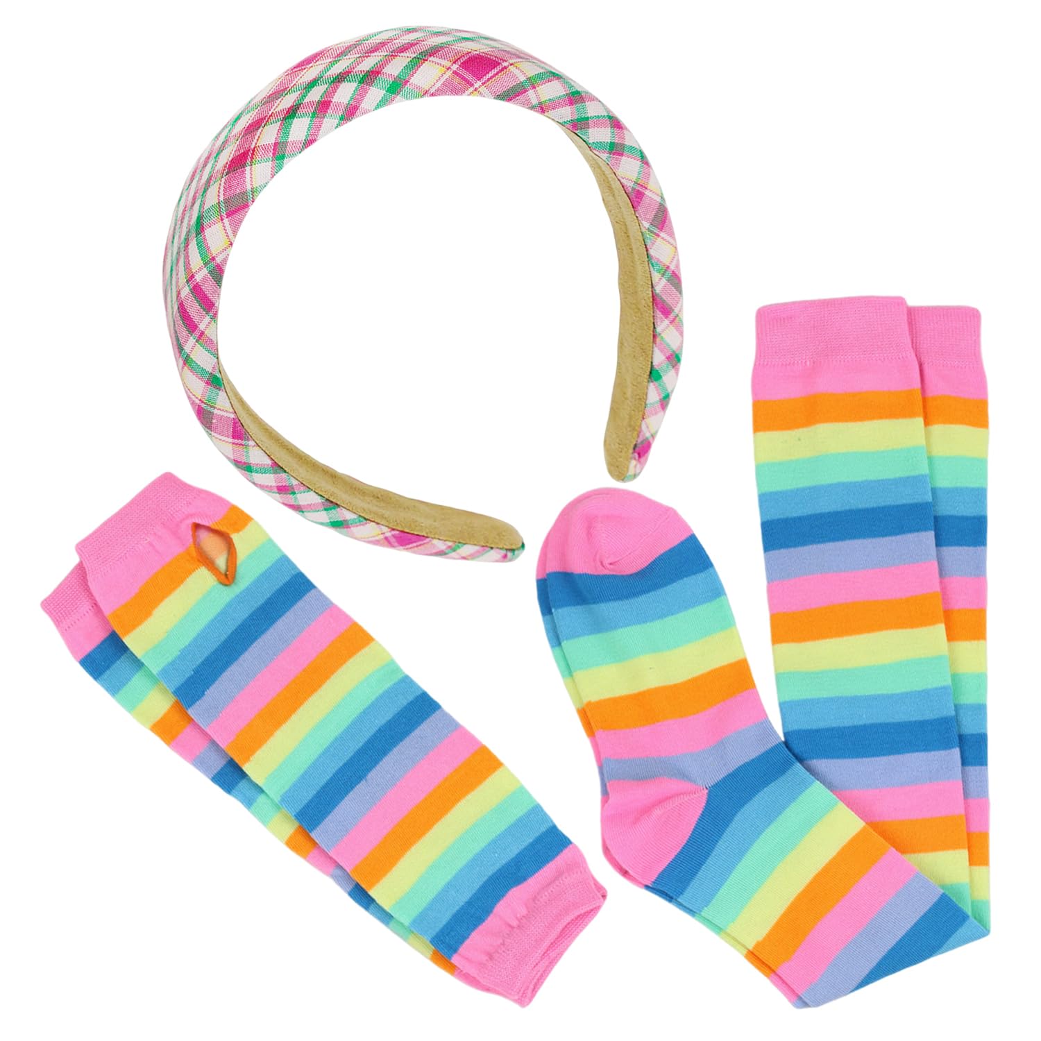 Nidhfg Unisex Pink 1 Piece Of Plaid Headband, 1 Pair Of Striped Socks And 1 Pair Of Striped Gloves, Stylish Personality Socks, Party Clothing Accessories, Ladies' Dressing Accessories.