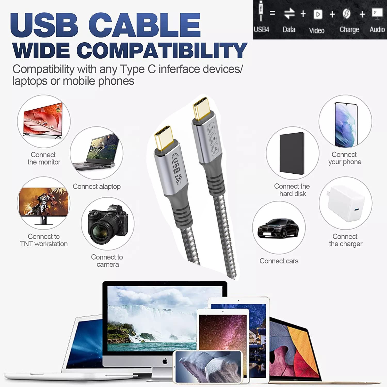 USB4 Cable 40Gbps 8K Video and 240W Charging Full-Featured USB C Cable Compatible with Thunderbolt 4/3,for iPhone 16/15, MacBook, Hub, Docking and More (6FT)