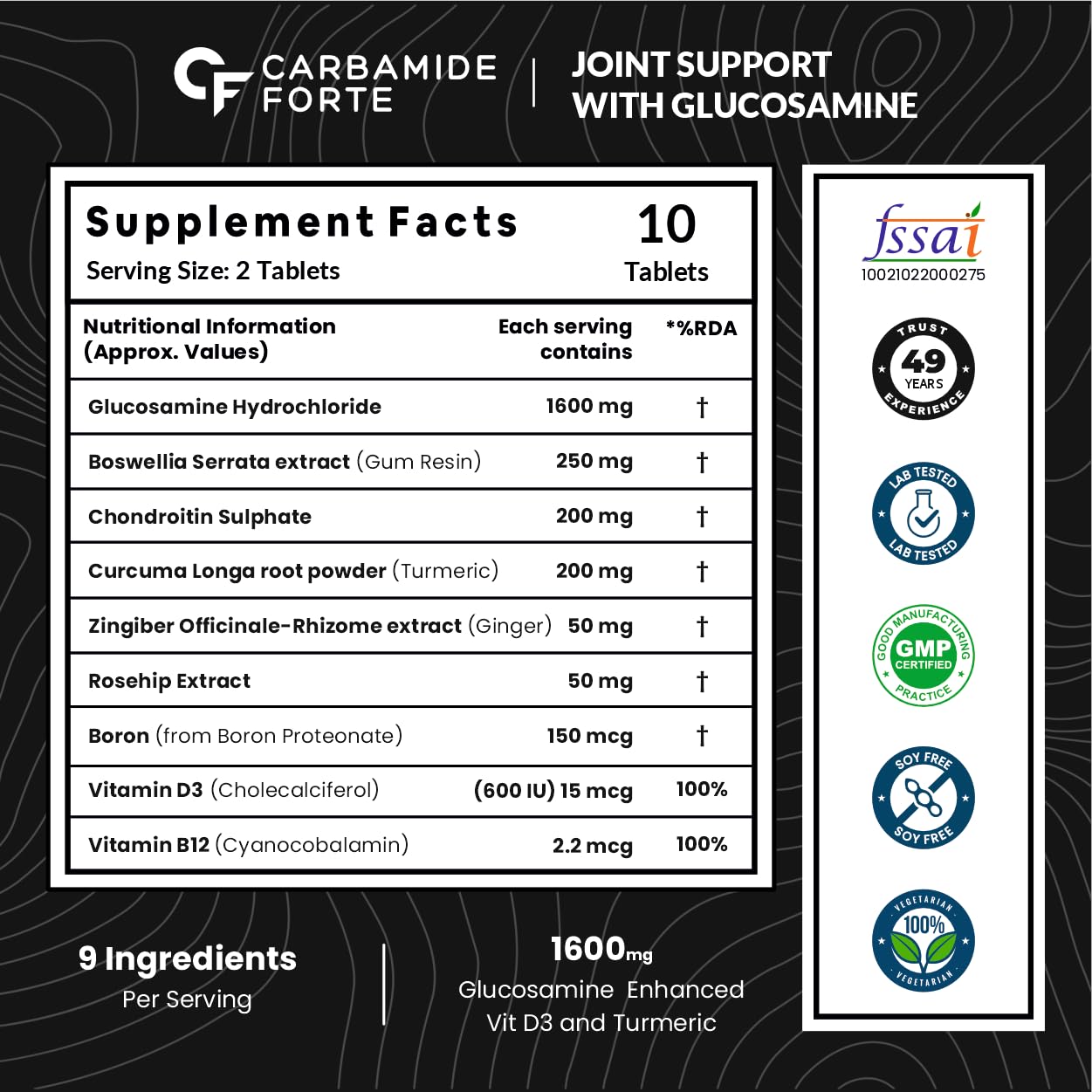 Carbamide Forte Joint Support Supplement for Adults with Glucosamine 1600mg Per Serving with Chondroitin, Boswellia, Turmeric & Ginger- Tablets 10 Count — Amazon image 2