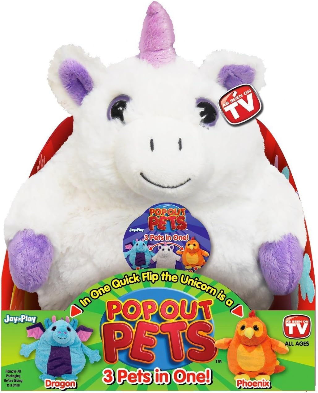 Pop Out Pets Fantasy, Reversible Plush Toy, Get 3 Stuffed Animals in One Unicorn, Dragon & Phoenix, 8 in.