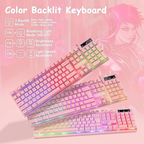 Miniatura 2 de Combo de teclado y mouse para juegos rosa, Membrana iluminada con 104 teclas silenciosas, mouse para juegos con cable USB con retroiluminación RGB