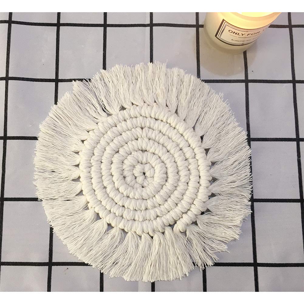 Handmade Macrame Coasters, Northern Europe Cotton Rope Braided Placemats with Tassel for Mugs and Cups, Woven Thick Table Pad Table Decor Supplies Mat(Cream)
