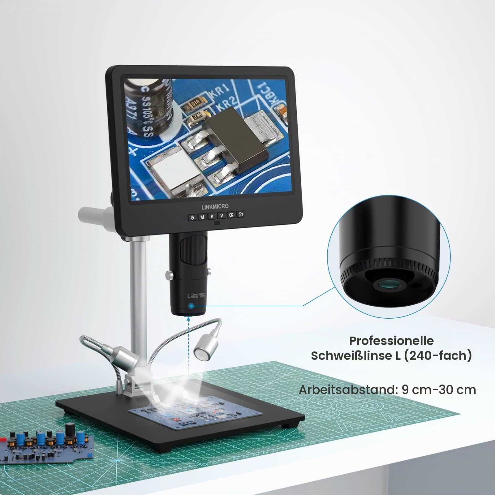 LM249MS 3 Linsen Digital Mikroskop HDMI mit 10" Bildschirm 2000X UHD 2160P 3D LCD digital mikroskop löten mit 13" Metallständer für Erwachsene PCB Reparatur SMD, USB Münzmikrosk
