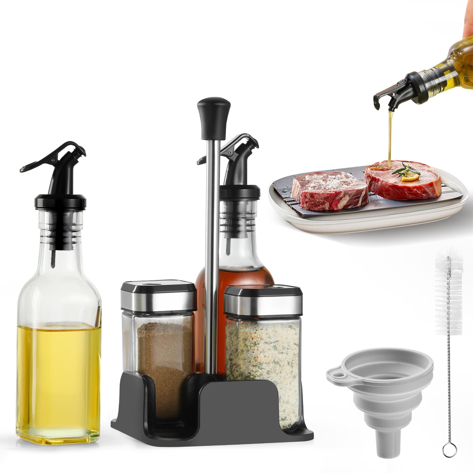 FRIBERG Set Olio Aceto Sale Pepe, 2 bottiglie per olio e aceto da 200 ml, 2 vasetti da 120 ml con coperchio a pomello, imbuto e spazzola per la pulizia inclusi
