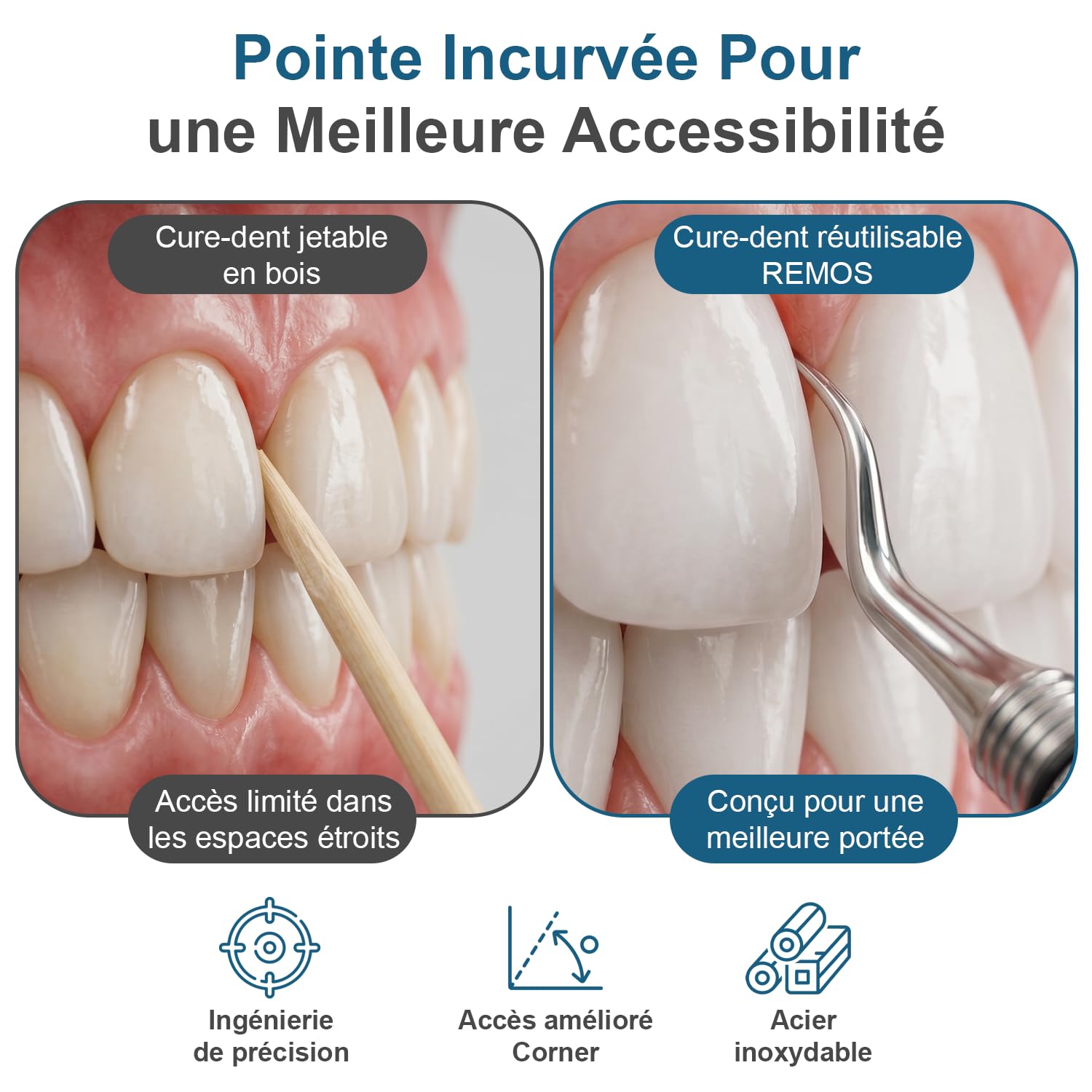 Cure-dents acier inoxydable pointe courbée dévissable REMOS