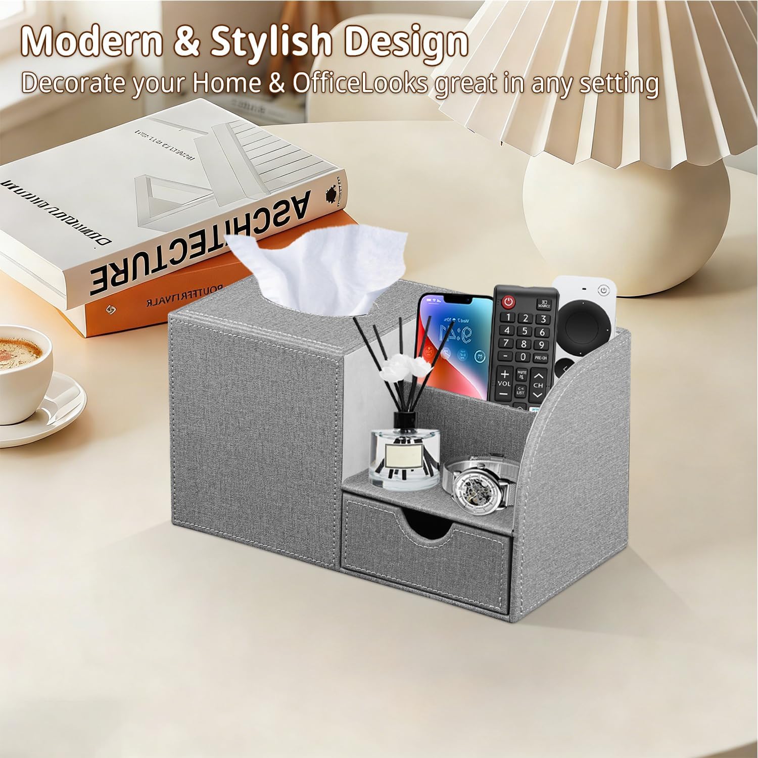 Nightstand Organizer with Tissue Holder,PU Leather Square Tissue Box Cover,Modern Facial Paper Organizer Storage Box for Remote Control,Bathroom,Vanity Countertop,End Table Home Office.Gray