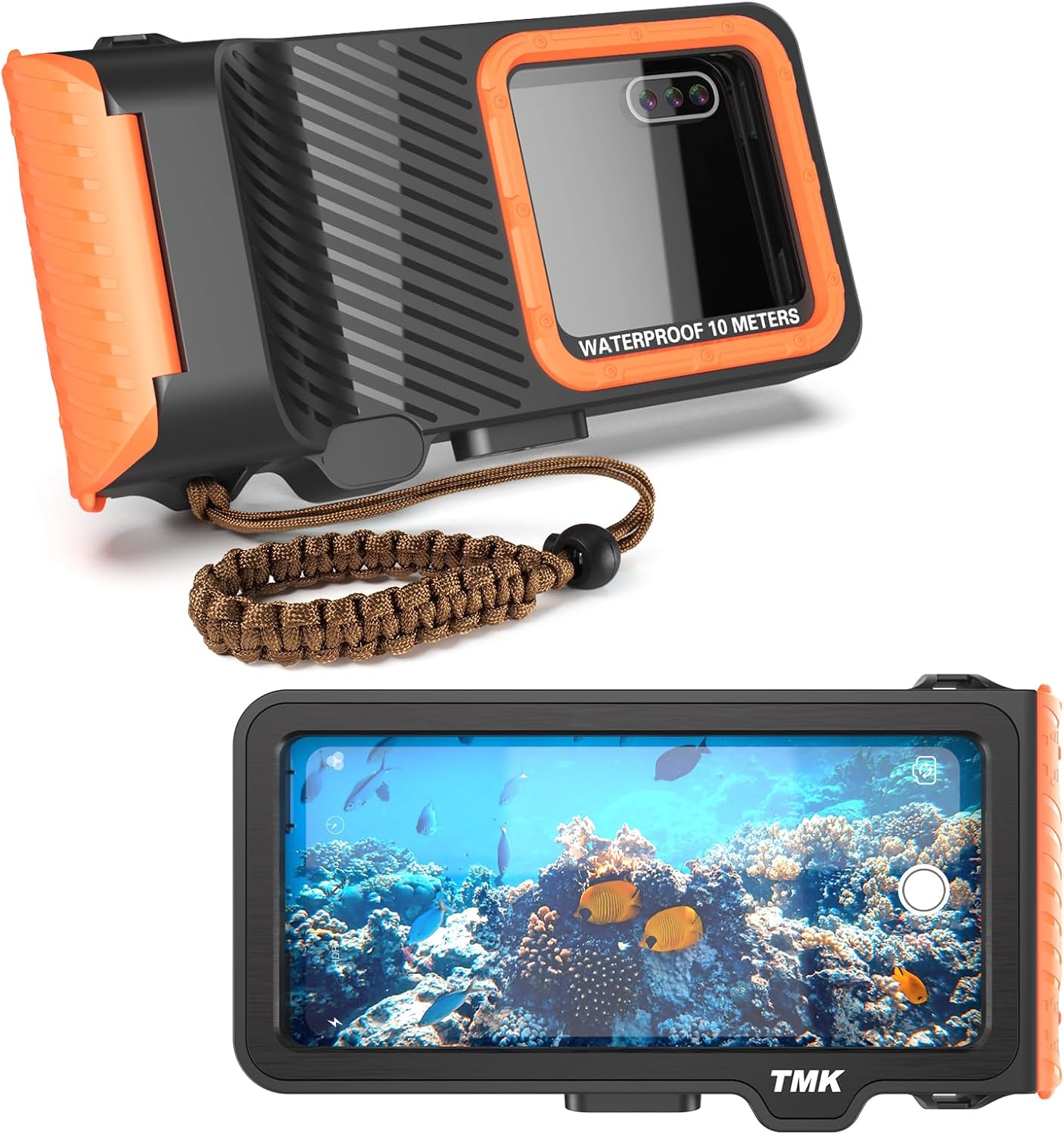 Diving Phone Case with Touchscreen for iPhone and Samsung,IP68 Waterproof,32FT Dive and Snorkeling Compatible for Phones up to 6.9 inches for Diving and Photography Enthusiasts. (Black-Orange)