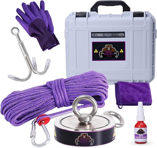 2600LBs Complete Fishing Magnet Kit | Double Sided Magnet Fishing Kit with Case | Includes Strong Neodymium N52 Magnet, Durable 65ft Rope, Carabiner, Gloves, Grappling Hook & Carry Case