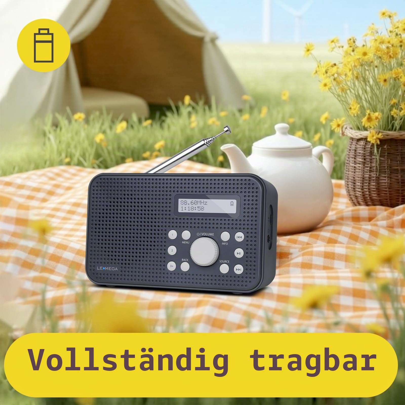 PR2 GO DAB/DAB+ & UKW-Radio, tragbare, kompakte DAB-Radios, tragbares Radio mit Akku und Netzbetrieb, 10 Stunden Wiedergabezeit, Doppelwecker, 60 Speicherplätze (Dunkelgrau)