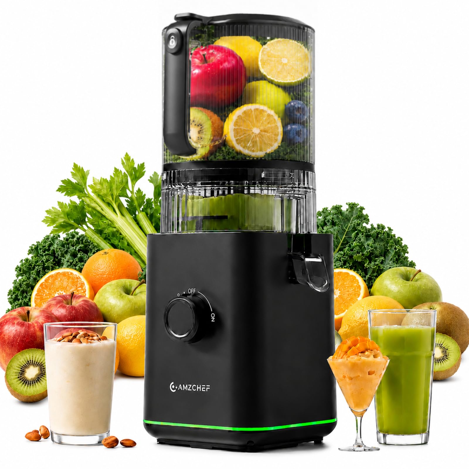 AMZCHEF Entsafter Slow Juicer für ganze Früchte & Gemüse, Kaltpress Saftpresse mit 155 mm XXL-Einfüllöffnung, 2,5 L Behälter, 3-in-1 Sieb (für Saft, Sorbet & Nussmilch), leicht zu reinigen, Schwarz