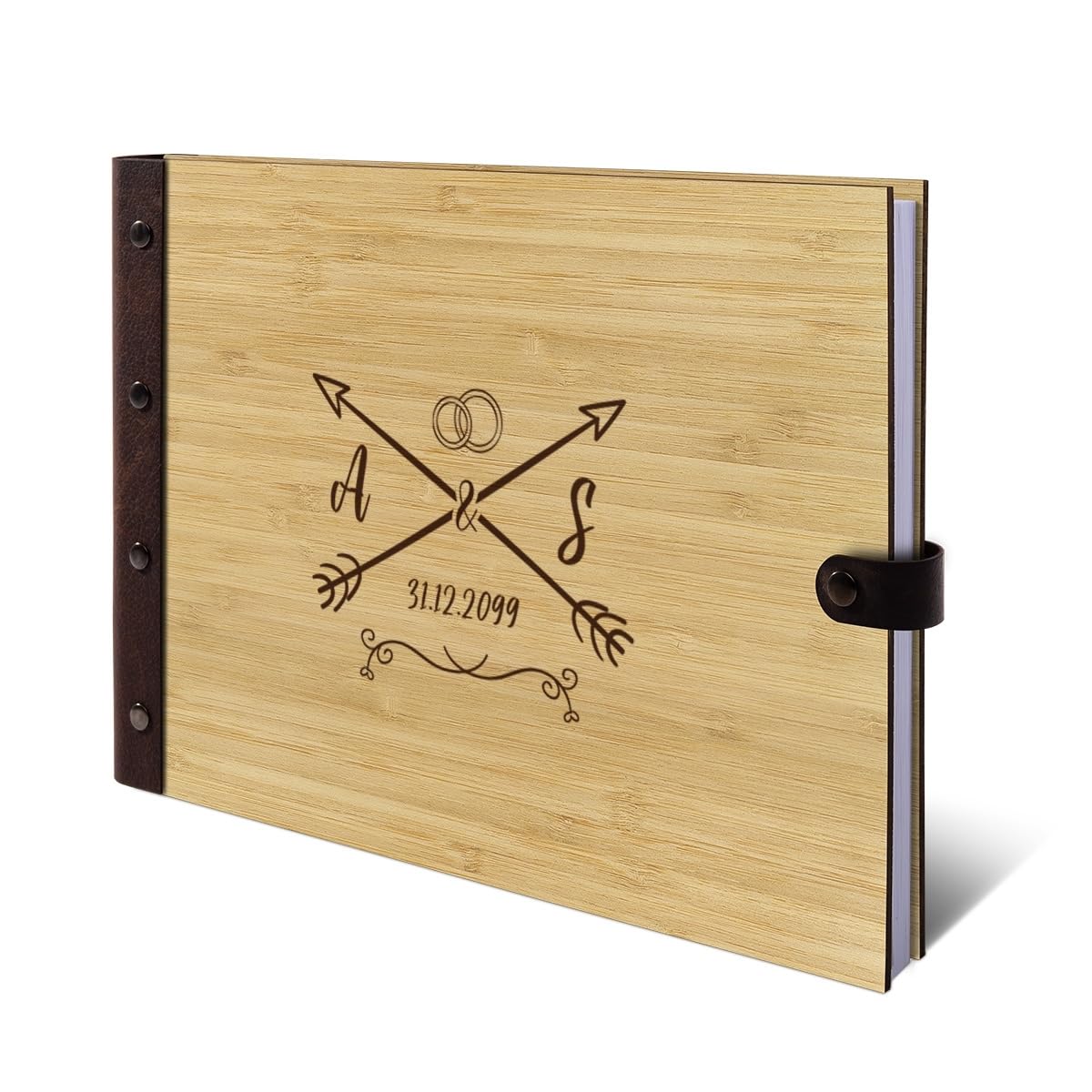 Personalisiertes Hochzeit Gästebuch echtes Holz DIN A4 Hochzeitsbuch mit Lasergravur - Liebespfeil - mit 72 Blatt / 144 Seiten Naturpapier Weiß