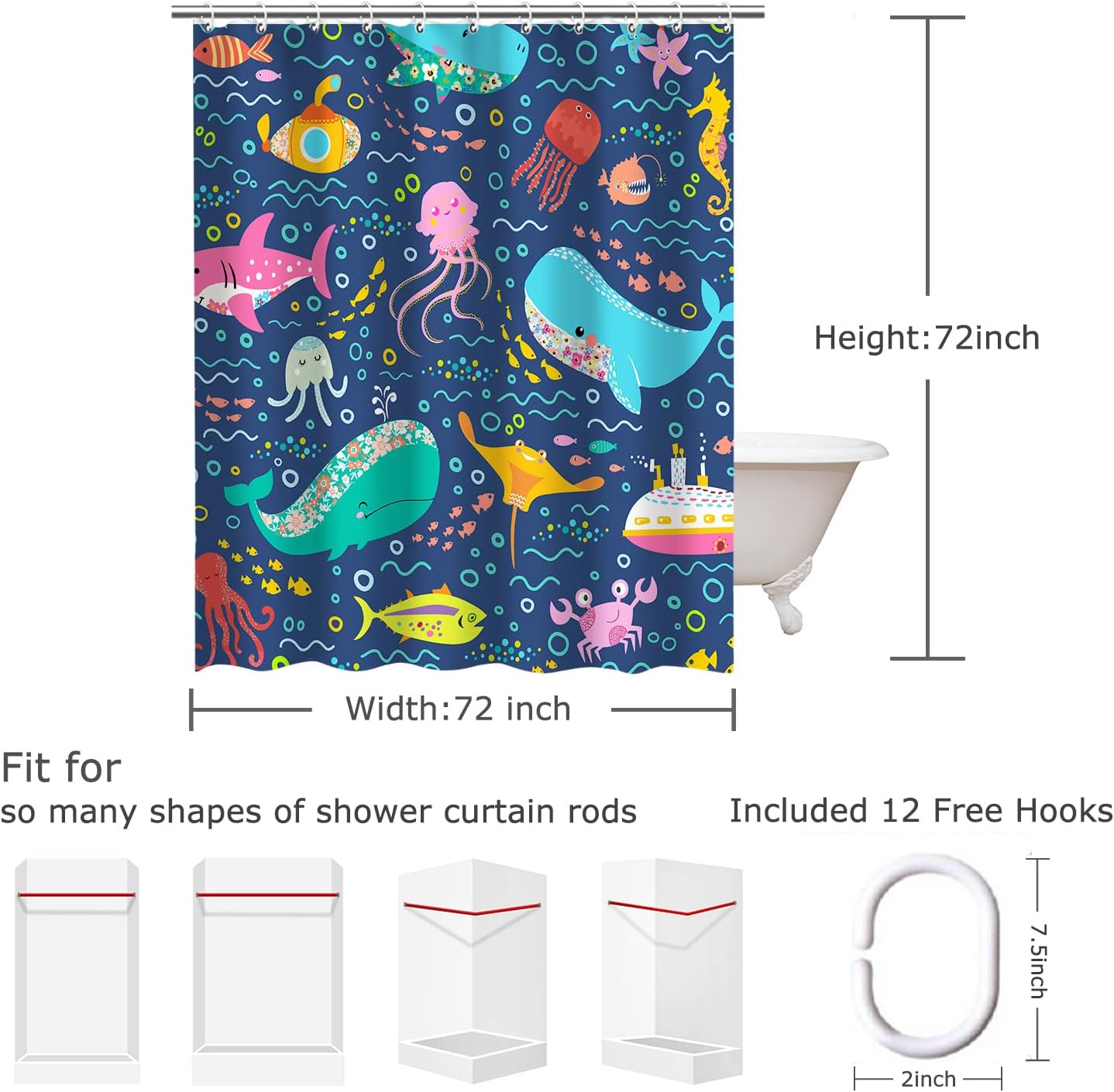 RosieLily Fish Shower Curtain, Kids Shower Curtains Set with 12 Hooks, Whale Shower Curtain, Sea Animal Bathroom Decor Curtain for Girls and Boys, 72 ''W x72 ''H