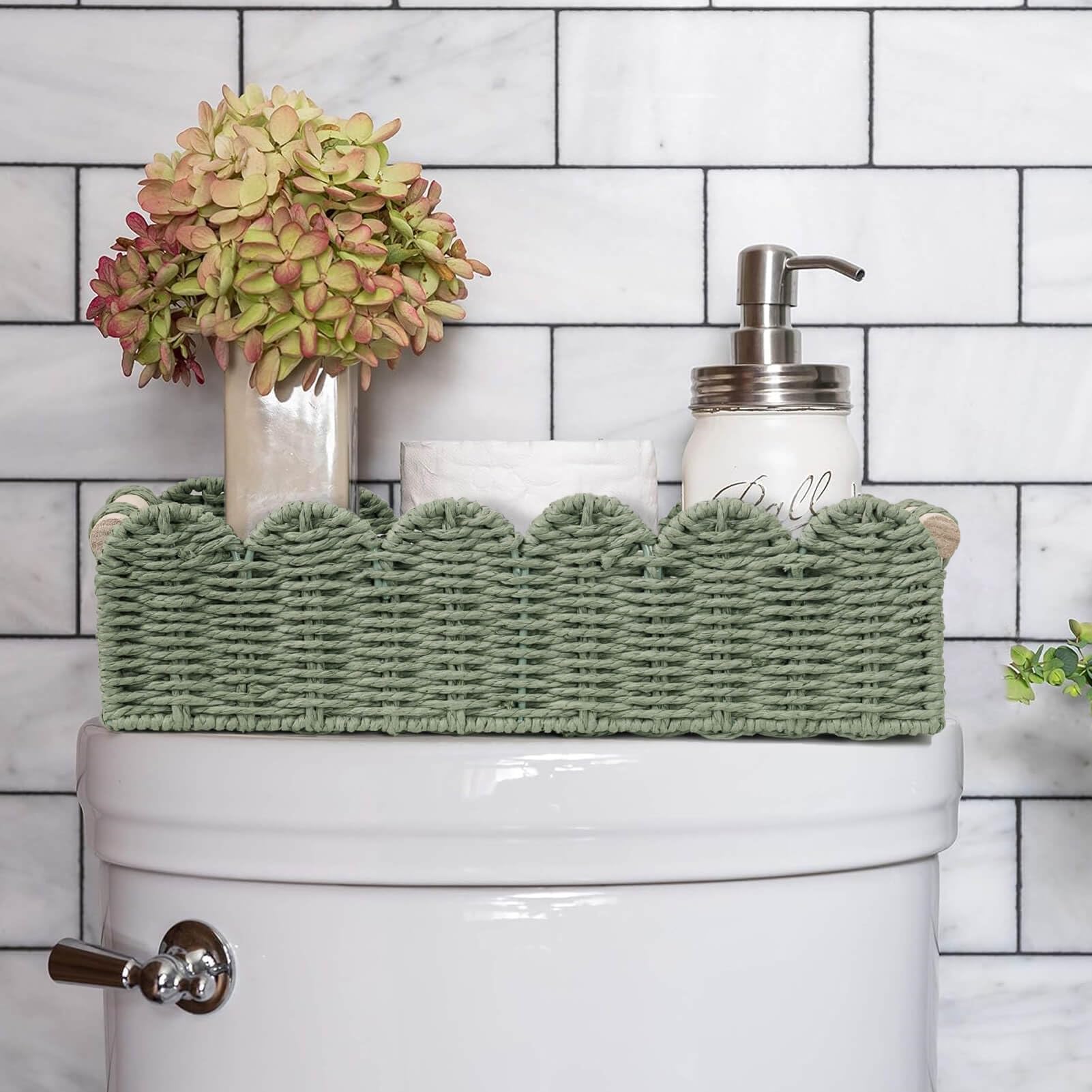 CubesLand Toilet Paper Storage Basket Scalloped Edge Home Decor Green Basket, Living Room Cozy Decor, Paper Rope Small Baskets for Over Toilet Storage Shelf, End Table, Shelves, with 2 Wooden Handles: Beige M - 14"L x 6.3"W x 3.9"H