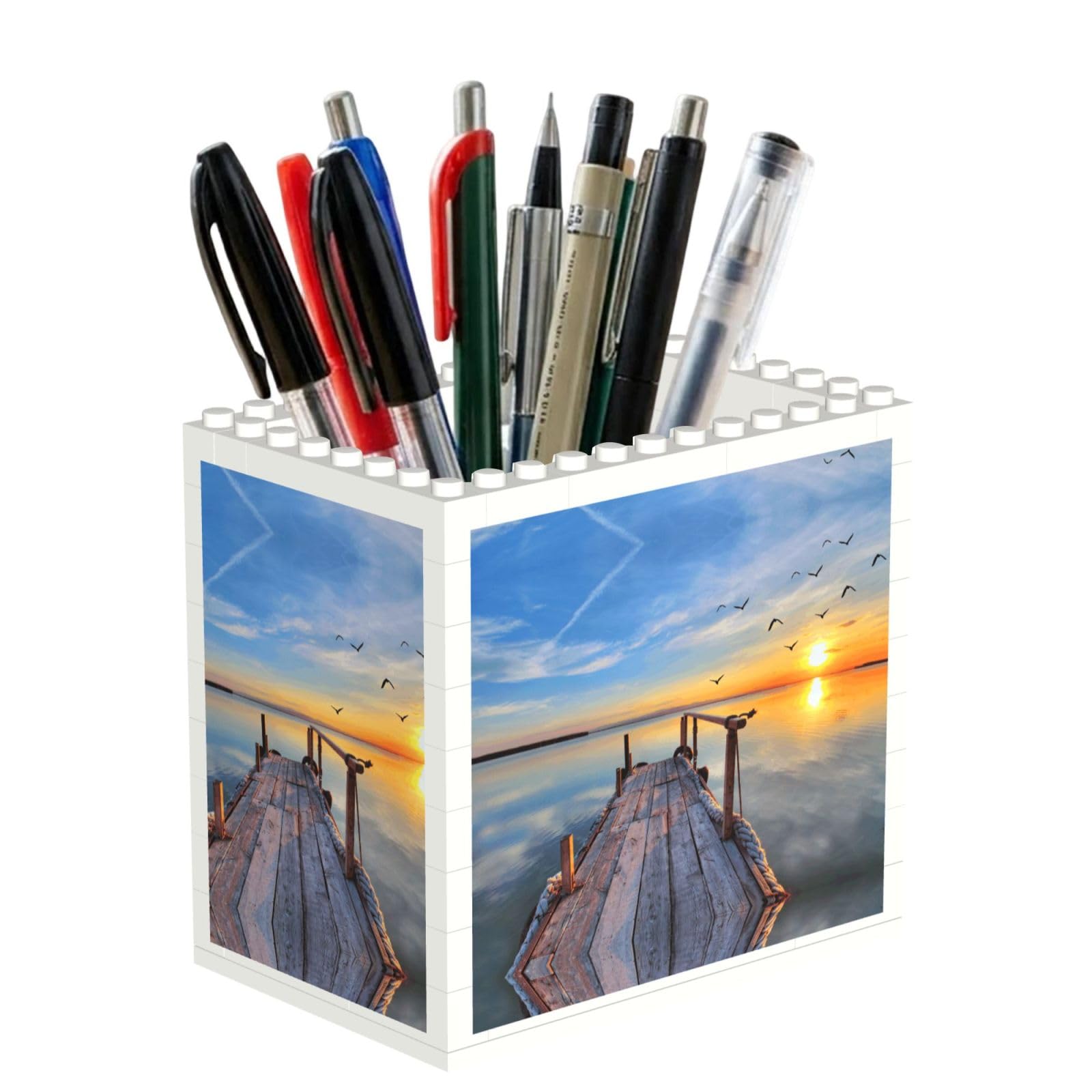 SATUSA Sunset Scenery Print Building Block Texture Pen Holder - Pencil Holder For Desk Pen Organizer,Aesthetic Desk Accessories For Women(1pcs)