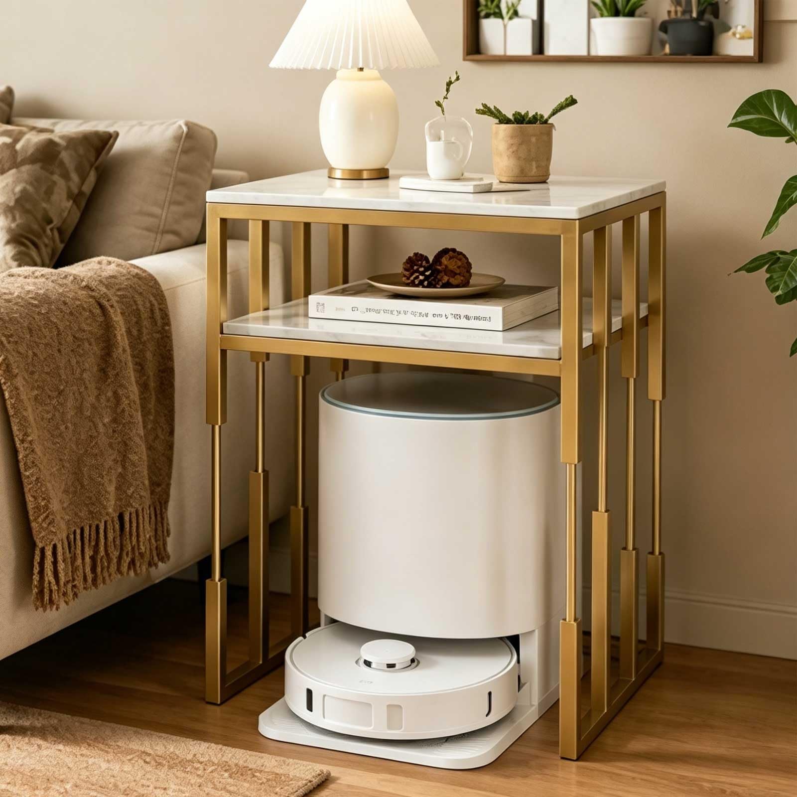 Gabinete de Soporte de vacío for Robot de Metal, Estante de Almacenamiento for vacío de Robot con Almacenamiento de Doble Nivel, Mesa Auxiliar(Gray,50cm)