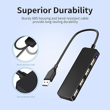 4-Port Ultra-Thin Portable USB 2.0 Hub, Multi-USB Port Extender