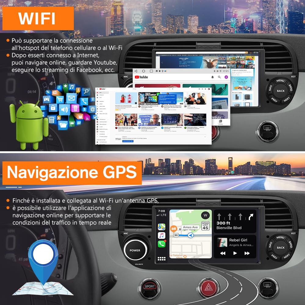 Autoradio per Fiat 500 (2007-2015) Android 13 Car Radio (2+64GB) con CarPlay Android Auto GPS BT Comandi al Volante FM RDS + Fotocamera Posteriore (Nero)
