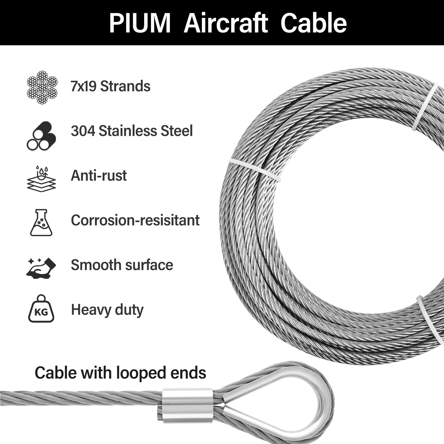 1/4 Stainless Steel Cable, PIUM 10Ft Wire Rope, 1/4
