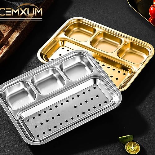 Miniatura 7 de Paquete de 2 bandejas rectangulares divididas de acero inoxidable, 4 secciones, platos dorados para servir platos llanos para adultos, campistas y